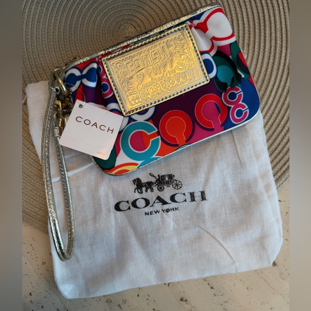 NWT 2009 Coach Poppy Colorful Logo Wristlet with Gold Accents & Coach Dust bag